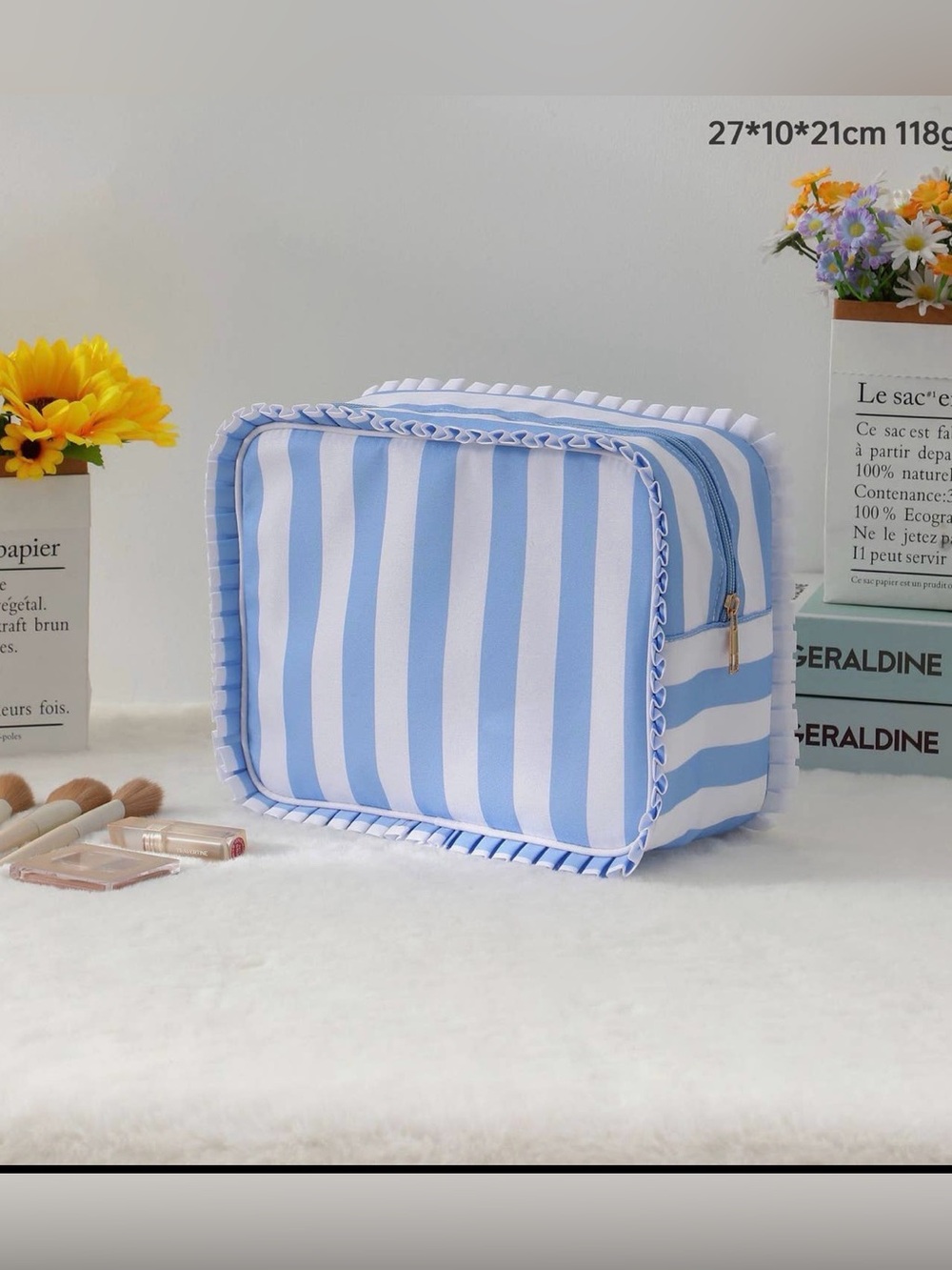 Blue Ruffle Stripe Cosmetic Travel Pouch Bag - Picture 2 of 2